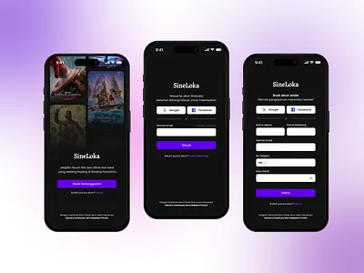 SineLoka – Cinema App Onboarding, Login & Register | Mobile UI appdesign authenticationui cinema app cleandesign darkui loginui minimalui mobile app mobileui modernui onboarding ui registerui signinscreen ui uidesign useronboarding ux uxdesign