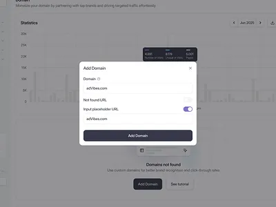 Analytics Web App: Add Custom Domain Modal ads performance analytics campaign chart component custom domain dashboard dialog domain modal modal dialog performance platform pop up product design report saas statistics ui component web app