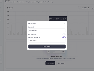 Analytics Web App: Add Custom Domain Modal ads performance analytics campaign chart component custom domain dashboard dialog domain modal modal dialog performance platform pop up product design report saas statistics ui component web app