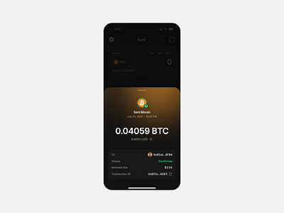 Sent BTC drawer UI blockchain component crypto dapp dark drawer product design ui design