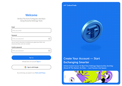 Arbitrage Signup UI · CodureTrade 3dinterface coduretrade cryptoexchange cryptoui darkui figmadesign fintechui loginscreen productdesign uidesign