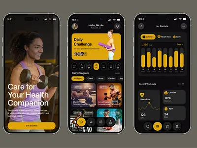Fitness & Health Mobile App UI darkui elevateapp figma fitnessapp fitnessdashboard healthapp mobiledesign mobileui uiux workoutapp