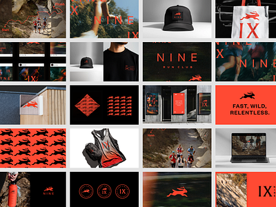 Nine Run Club brand branding club design designer geometric graphic design green icon identity jackelope logo mark rabbit red run club runner running trail visual