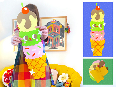 Triple Scoop Paper Art behind the scenes bold colors cardstock cherry colorful creative process environmental graphics handmade ice cream ice cream cone ice cream illustration illustration paper art paper craft sprinkle studio shot vector art whimsical