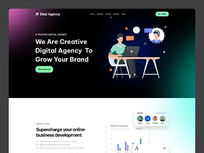 Creative Digital Agency Website animation branding creative agency dark theme digital agency figma hero section homepage illustration landing page marketing agency modern ui saas ui ui design uiux ux design web design website design