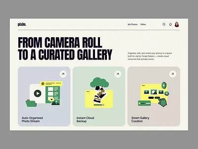 Pixilo home page interaction animation design illustration interaction landing landing page design photo typo typo design typography ui ux web web design website website design