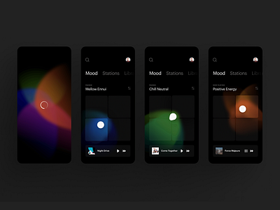 Mood-Based Music Player UI Design audio interface clean interface colorful lights glowing visuals immersive design interactive ui minimal layout mobile music modern design mood player music app music player playlist mood station picker ui concept ui design user emotions ux design ux exploration uxui showcase