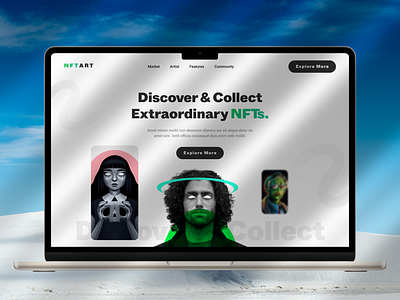 NFTART – Discover, Collect & Sell Digital Art blockchaindesign cryptoart cryptodesign futuristicui landingpage minimalui modernui nftplatform ui uiux web3design