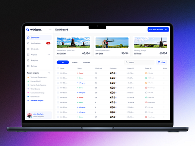 Winbow – Wind Energy Dashboard UI admindashboard dashboardux datavisualization design environmenttech minimalui modernui renewableenergy sustainabletech turbinemonitoring ui ux webappui windenergy