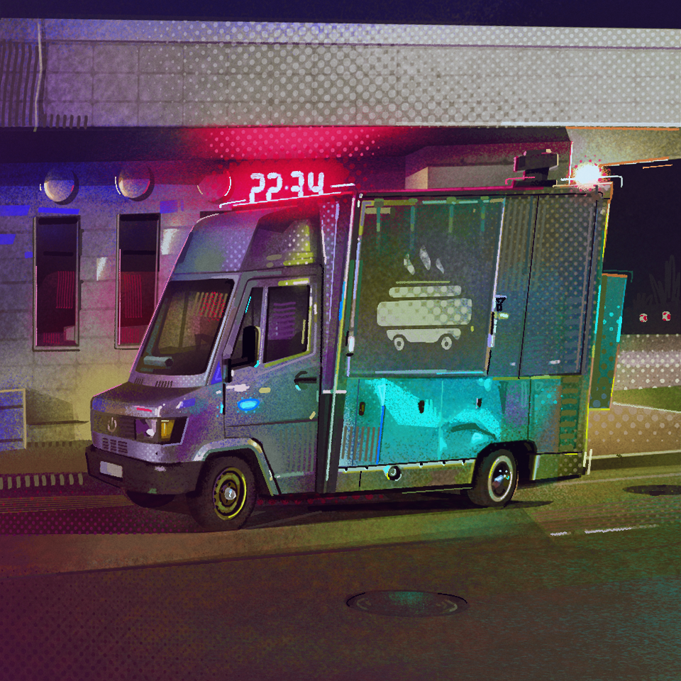 22:34 car city david zhdanov digital art foodtrack illustration night street streetfood style