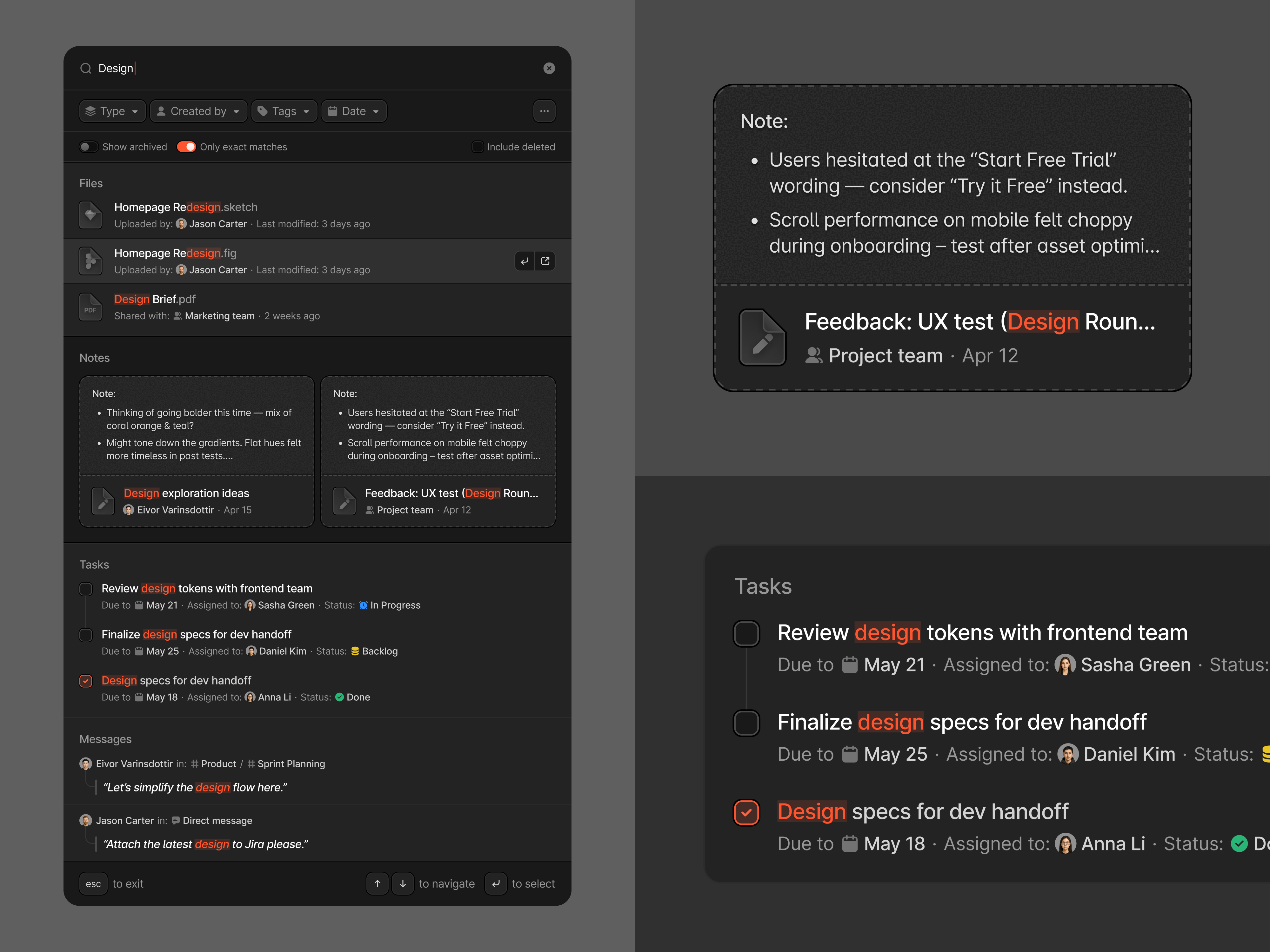 Project Collaboration Web App: Dark Mode Search & Task View app design collaboration dark mode dashboard notes platform product design productivity project management quick search rbg saas search task task management team tool uiux workflow workspace