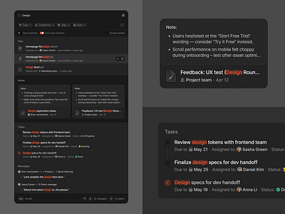 Project Collaboration Web App: Dark Mode Search & Task View app design collaboration dark mode dashboard notes platform product design productivity project management quick search rbg saas search task task management team tool uiux workflow workspace