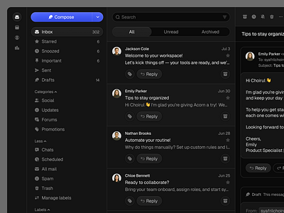 Inbox Web App Dark Mode: Onboarding Email & Welcome Flow app design collaboration compose dark mode dashboard dsdc email email app email inbox inbox mail mail app mail saas messaging product design productivity saas uiux web app workspace