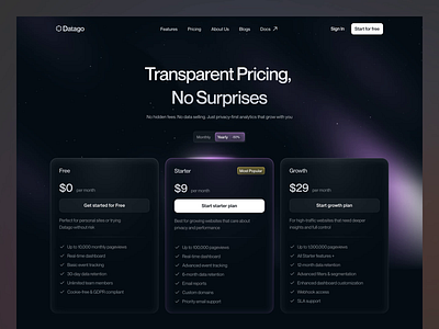 Datago - Analytics Landing Page ai analytics clean data design digital internet modern plan selection pricing overview pricing page pricing plans pricing table saas tech technology ui ux web analytics website