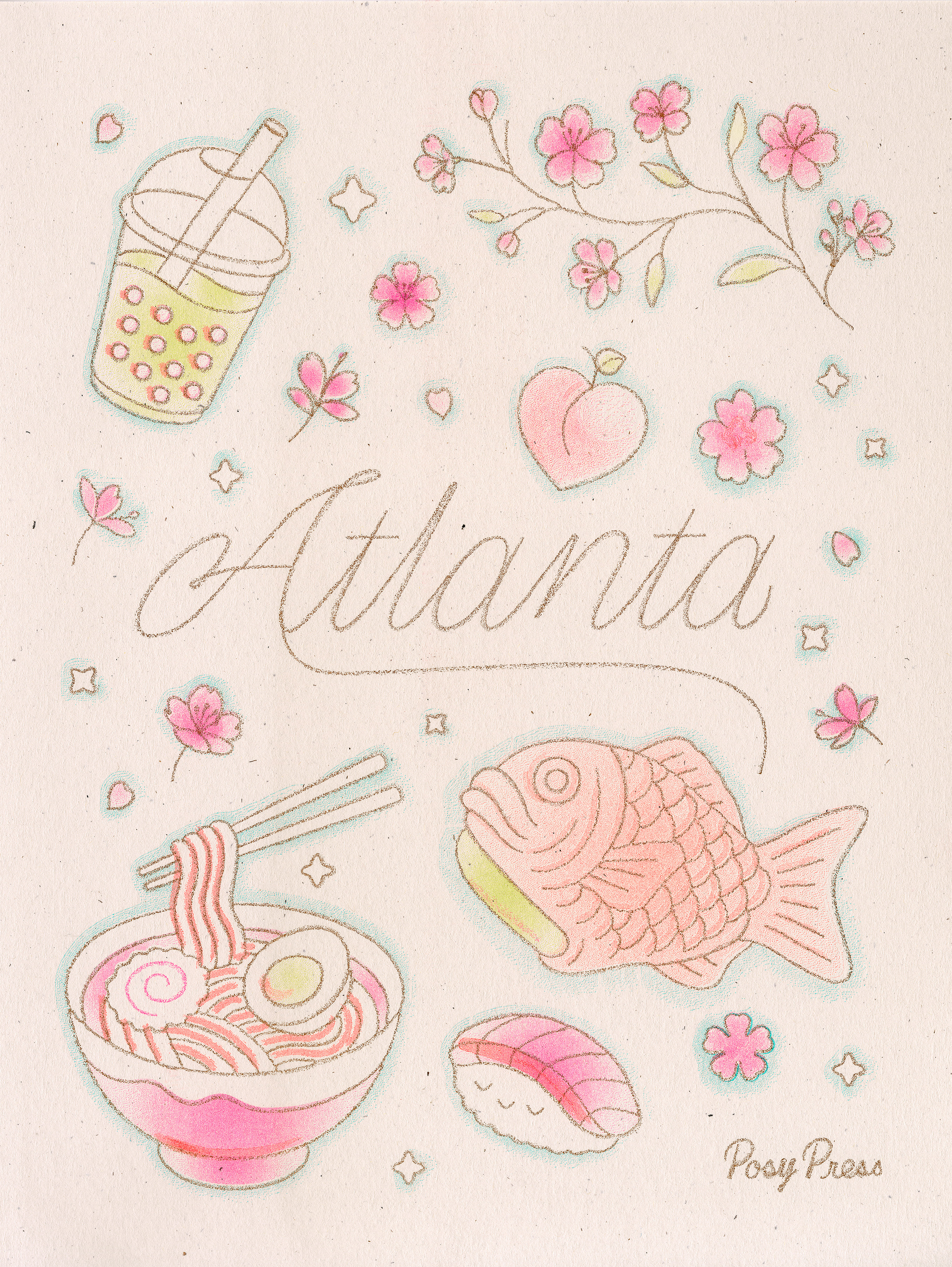 Atlanta in Bloom – RISO Print artist atlanta bubble tea buford food illustration japan japanese kawaii korean pastel print ramen riso risograph sakura samanco taiyaki texture