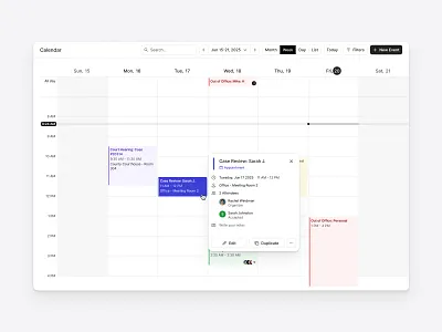 Weekly schedule view calendar clean dashboard events flat interaction minimal organi planner saas scheduling shadcn shadcnui tailwind