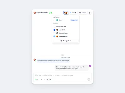 Chat and assignment UI agent chat clean dashboard dropdown flat minimal popupmenu saas shadcn shadcnui support tailwind teammanagement