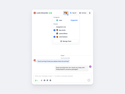 Chat and assignment UI agent chat clean dashboard dropdown flat minimal popupmenu saas shadcn shadcnui support tailwind teammanagement