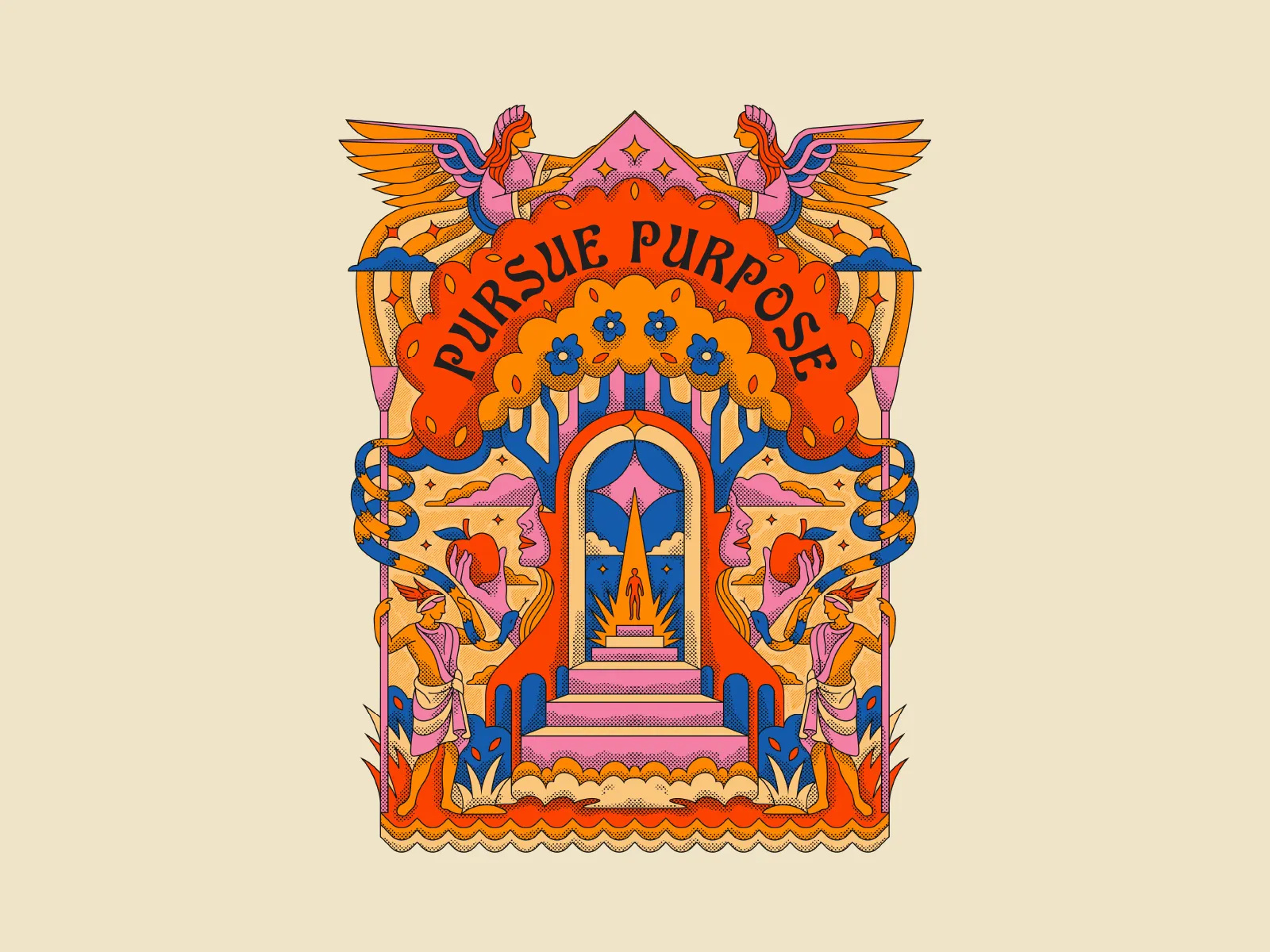 Pursue Purpose - Illustration Vol. I angel apparel art artwork branding illustration clothing brand editorial graphic design illustration line art line work magazine illustration merchandise mural mural illustrations print illustration retro t shirt