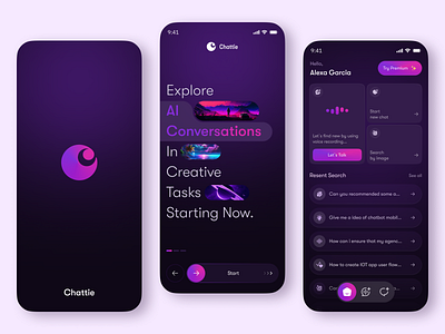 AI Chat App UI – Chattie ai ai chat ai chat app ai design app design app interface app ui artificial intelligence clean dark mood design futuristic ui gradient ui interaction mobile app design neomorphism text to voice ui ux ux design voice assistant ui