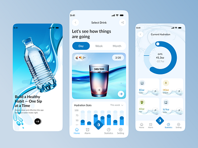 Water Tracker Mobile App app application behance branding design design system figma glassmorphism healthapp hydration minimal mobile project tracker ui design ui kit uiux water intake water reminder water tracker
