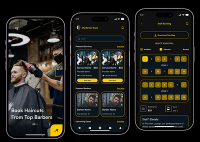 My Barber Expo – Multi-Role Event App barber app barber booking app barber competition booking event management app expo app mobile app mobile app design new card schedule seat allocation ui ui ui design ux ux design yellow and black mobile app