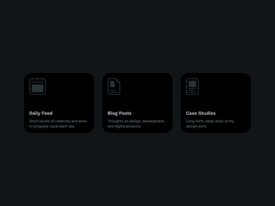 Personal Site Navigation Section Cards blog card case studies dark design flat graphic design icon illustration mode navigation personal portfolio site ui ux web website work in progress