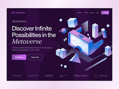 Nexaverse - Metaverse Platform Hero Section dark mode design futuristic game gamification gradient hero homepage illustration isometric metaverse minimal technology ui ux virtual vr web3 website