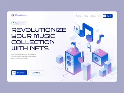 Museblock - Music NFTs Platform Hero Section audio blockchain crypto digital ethereum futuristic gradient hero homepage illustration isometric minimal music nft technology ui ux web3 website