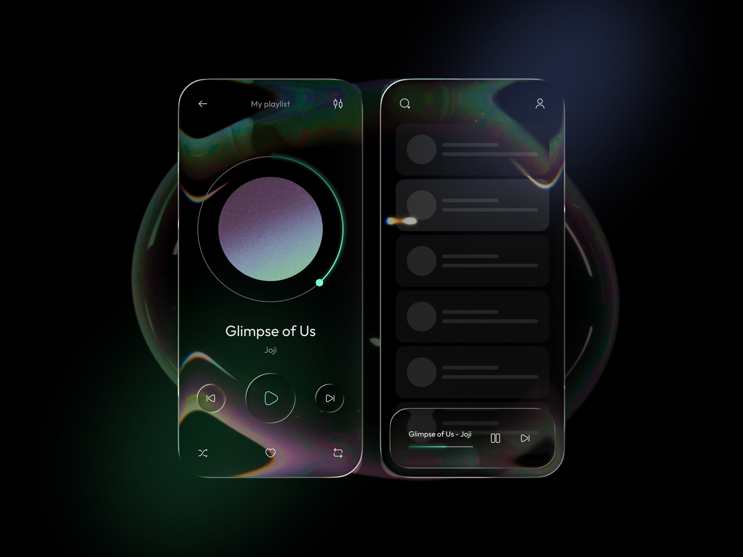 Music Player App Concept app audio concept dark theme design glass interface design mobile mobile design mobiledesign music player ui uiux ux