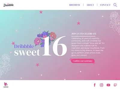 Dribbble Sweet 16 – Celebration anniversarydesign creativeposter designcommunity dribbble16 dribbblecelebration floralillustration gradientart pasteldesign sweet16 uibanner