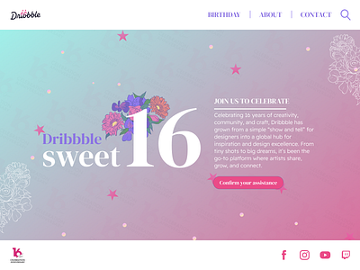Dribbble Sweet 16 – Celebration anniversarydesign creativeposter designcommunity dribbble16 dribbblecelebration floralillustration gradientart pasteldesign sweet16 uibanner
