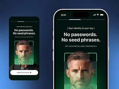 Biometric Authentication Mobile UI app design app interface biometric login cyber security dark mode ui face recognition fintech app identity ui ios mobile app mobile ux onboarding passwordless product design secure login ui design user authentication ux design web3 design