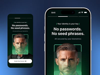 Biometric Authentication Mobile UI app design app interface biometric login cyber security dark mode ui face recognition fintech app identity ui ios mobile app mobile ux onboarding passwordless product design secure login ui design user authentication ux design web3 design