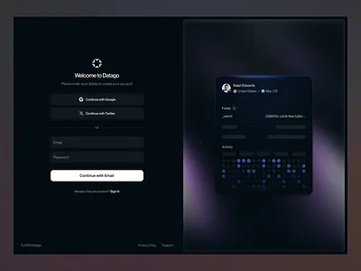 Datago - Analytics Landing Page ai analytics animation card layout clean data data visualization digital graphic design login login page modern motion graphics saas sign up page technology ui ux web analytics website