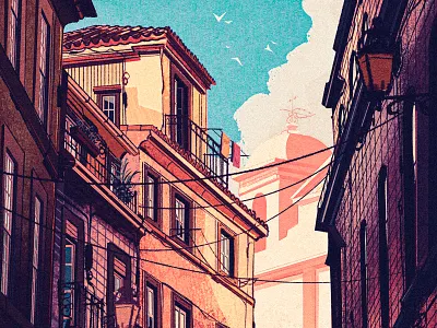 Lisbon 2d architecture building cathedral city cityscape digital painting eu europe illustration landscape lisboa lisbon mediterranean porto portugal retro timeless travel vintage