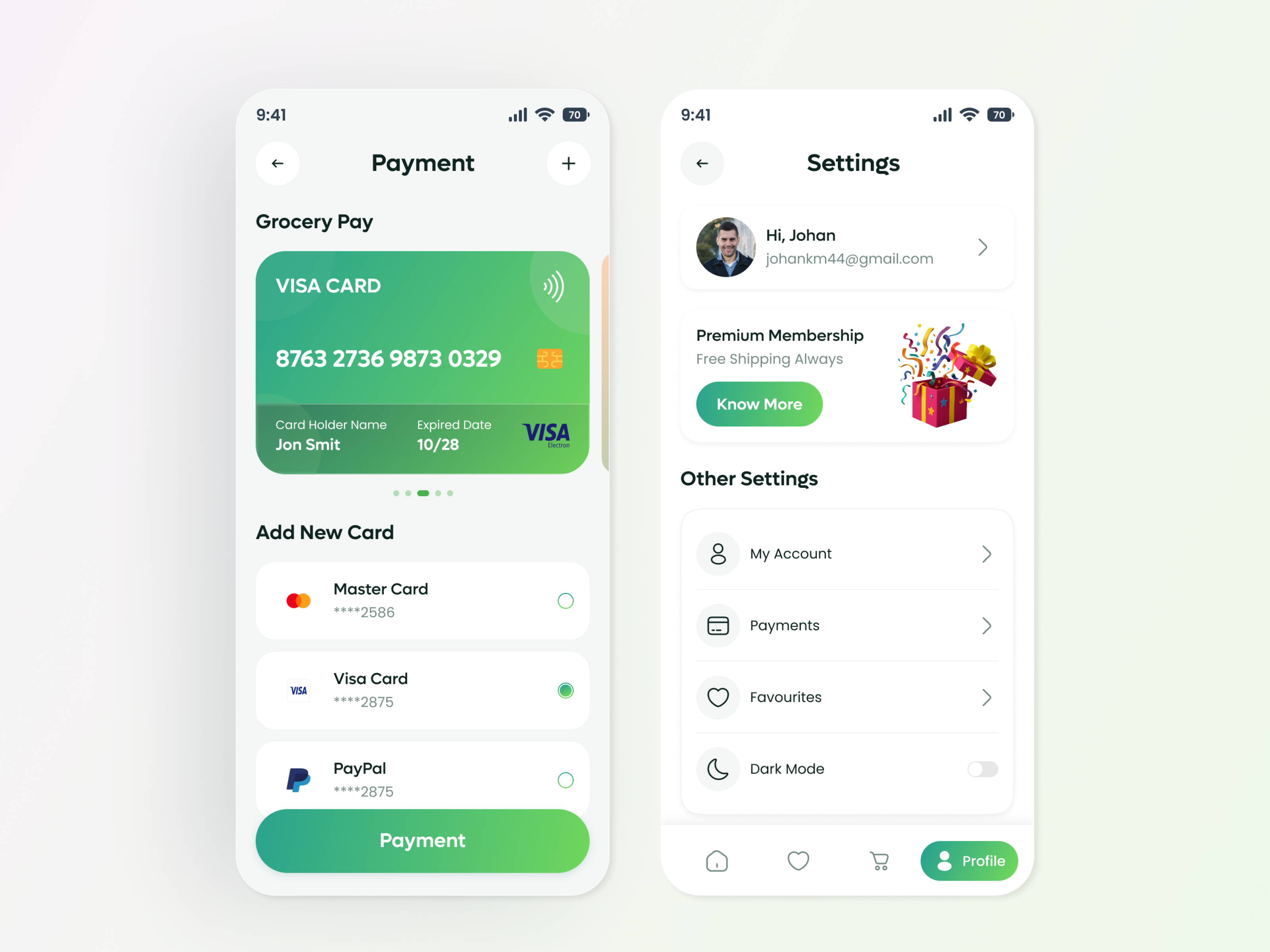 Grocery Mobile App - Payment & Settings Screen ai app ecommerce app food grocery app grocery pay ios minimal design mobile app modern ui online shopping payment product details product page retail app setting shopping app smart buy super shop ui design uiux