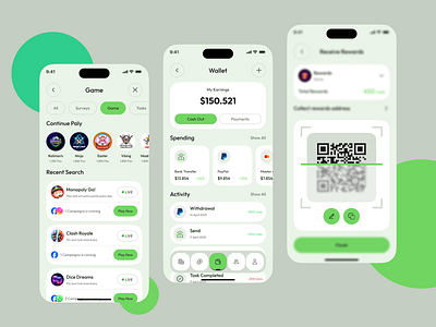 Game Wallet & Scan Paid Survey Based App UI/UX Design app design mobile dashboard rewardapp rewards collect mobile app scanpage surveyapp
