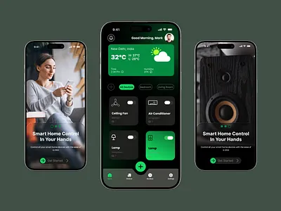 Smart Home App UI – Dark Mode Dashboard & Onboarding Screens aesthetic dashboard figma graphic design minimal mobile app modern ui onboarding smart device smart home ui ux