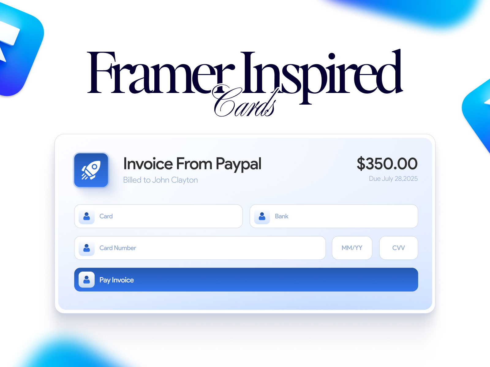 Payment Card - Framer Inspired UI blueui bradning cardui cleanui framer minimal moneyui paymentcardui paymentui paypalcard payui websiteui