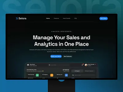 Selora – Point of Sales App Landing Page - Animation app business clean dark dashboard food interaction landingpage mobile point of sales pos product responsive saas sales statistics ui uiux ux web design