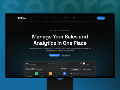 Selora – Point of Sales App Landing Page - Animation app business clean dark dashboard food interaction landingpage mobile point of sales pos product responsive saas sales statistics ui uiux ux web design