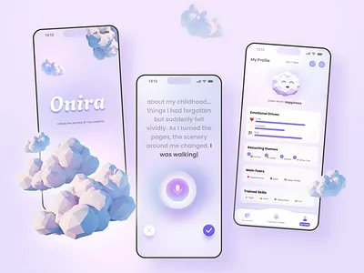 Onira, an AI-powered app 3d ai app ai design ai powered animation app branding could minimal mobile product design purple ui