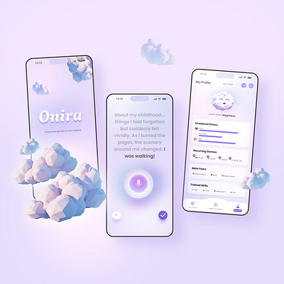 Onira, an AI-powered app 3d ai app ai design ai powered animation app branding could minimal mobile product design purple ui