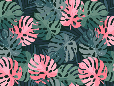 Tropical Monstera Backgrounds botanical exotic fabric design foliage green jungle leaf pattern leaves monstera packing palm leaves pattern design pink seamless pattern summer tropical tropics vector vector illustration wrapping paper