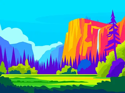 Yosemite National Park Landscape Illustration america art camping children book cute deco art destination flat illustration hiking illustration kids mountains national park nature tourism travel usa vector west yosemite national park