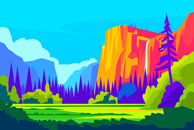 Yosemite National Park Landscape Illustration america art camping children book cute deco art destination flat illustration hiking illustration kids mountains national park nature tourism travel usa vector west yosemite national park