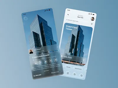 Real Estate App UI – iOS Design Glass Effects blurbackground buyproperty cleanui designtrends glasseffect glassmorphism ios17 iosdesign mobileapp mobileui proptech realestate realestateapp realestatedesign rentapp searchproperty sleekdesign uidesign uiux