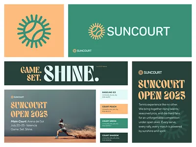 SunCourt Brand Identity ball branding court creative flat design logo logodesign logodesigner mark match minimal modern motion play serve sport design sun sunshine symbol tennis