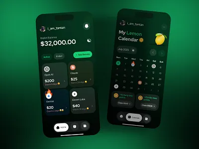 Unified AI Subscriptions ai app artificial intelligence dark mode dark them design fintech green mobile app payments subscription ui uiux ux